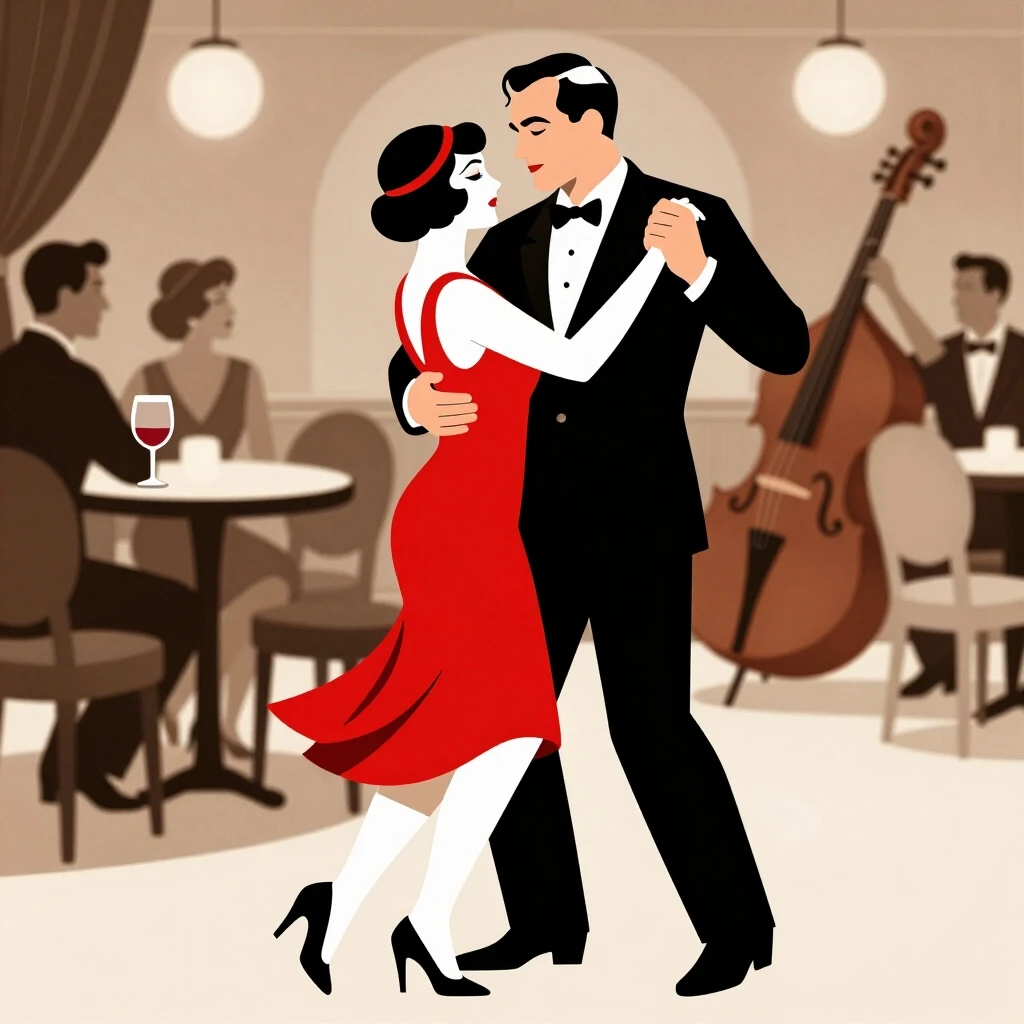 vintage jazz club illustration, 1920s style, couple dancing, red wine. woman in red dress, седой man in suit, sepia tones, detailed line art — работа пользователя Лилия Кликич