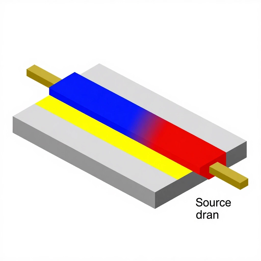Schematic diagram of a single OFET device with bottom-gate top-contacts, PET substrate, Al gate, blue alumina dielectric, red organic semiconductor, yellow "Source "…