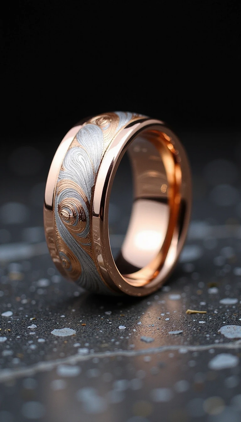 Macro photography of a luxury wedding ring crafted in Mokume-gane technique. Swirling patterns of fused 18k rose gold, white gold, and sterling silver resembling natural wood…
