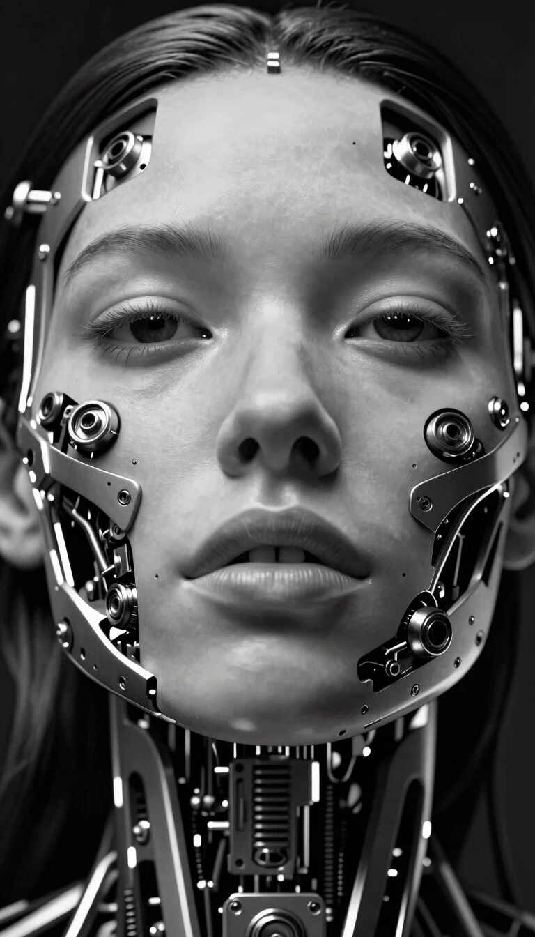 bottom view, ultra close-up. Woman's face entirely made of mechanical interior, no skin, complex machinery aesthetic, monochrome, detailed, cyberpunk, portrait, artistic…