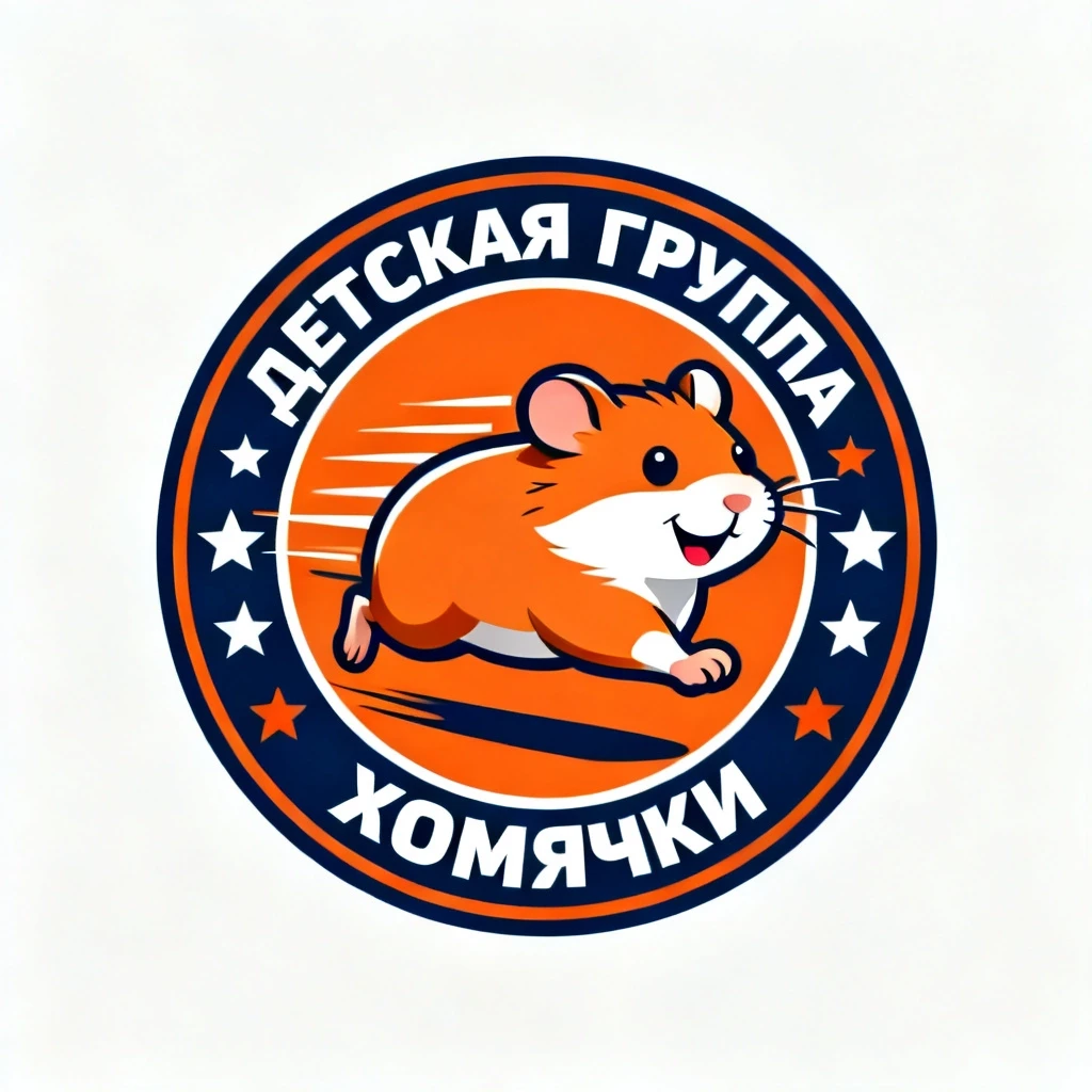 A modern, sleek round logo for a kids' sports team named "Hamsters". A vector illustration of a fast, smiling hamster running forward inside a circular badge. The…