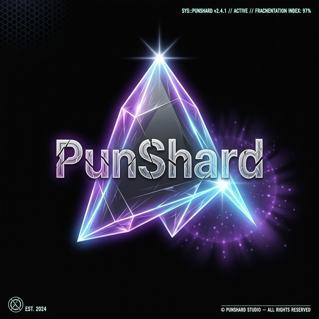 Minimalist vector logo design, a single sharp crystalline glass shard floating centrally, the word "PunShard" meticulously etched into the translucent surface using a…
