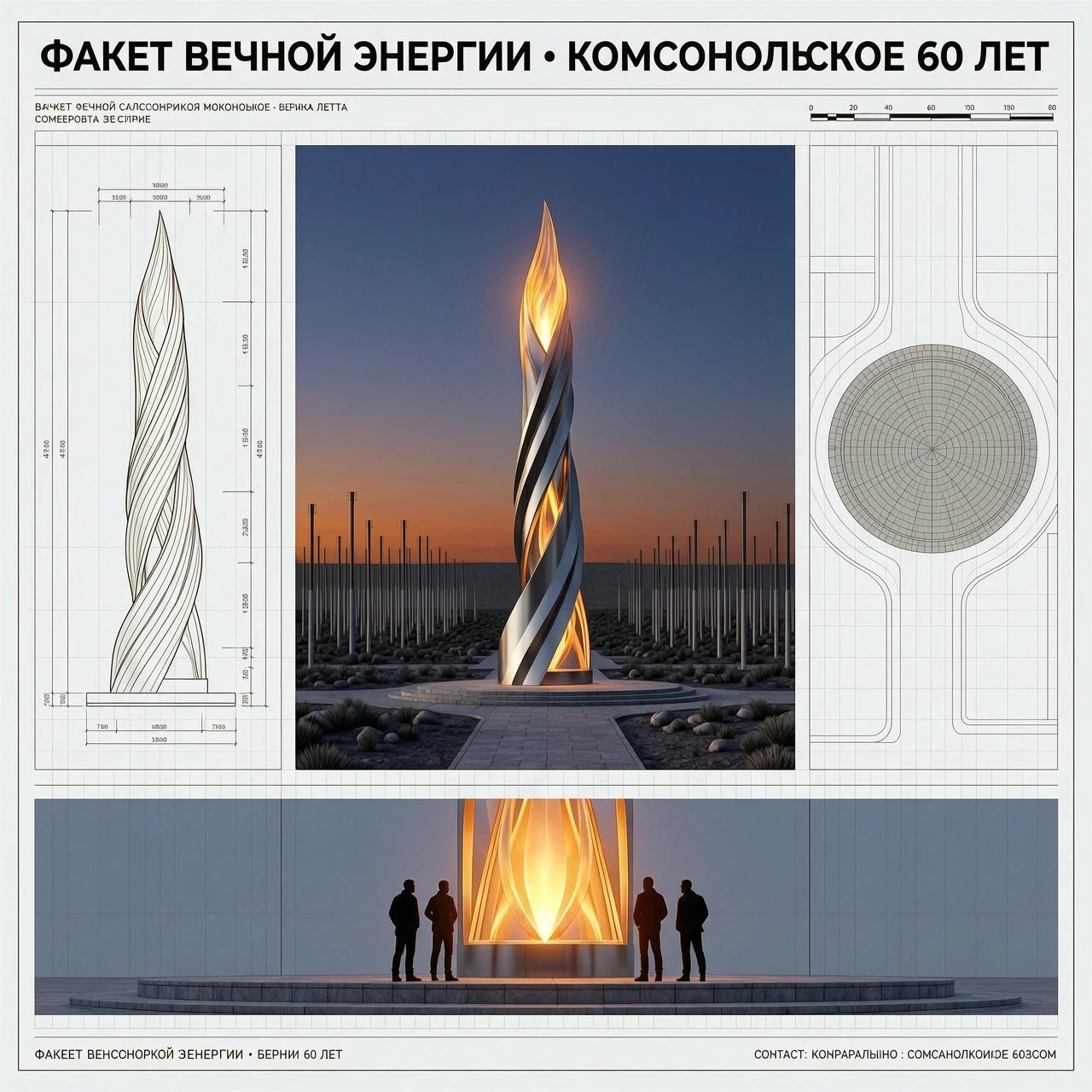 Professional architectural presentation board for a monument competition, single A3 sheet, landscape orientation, clean minimalist layout. Central focal point: a large,…