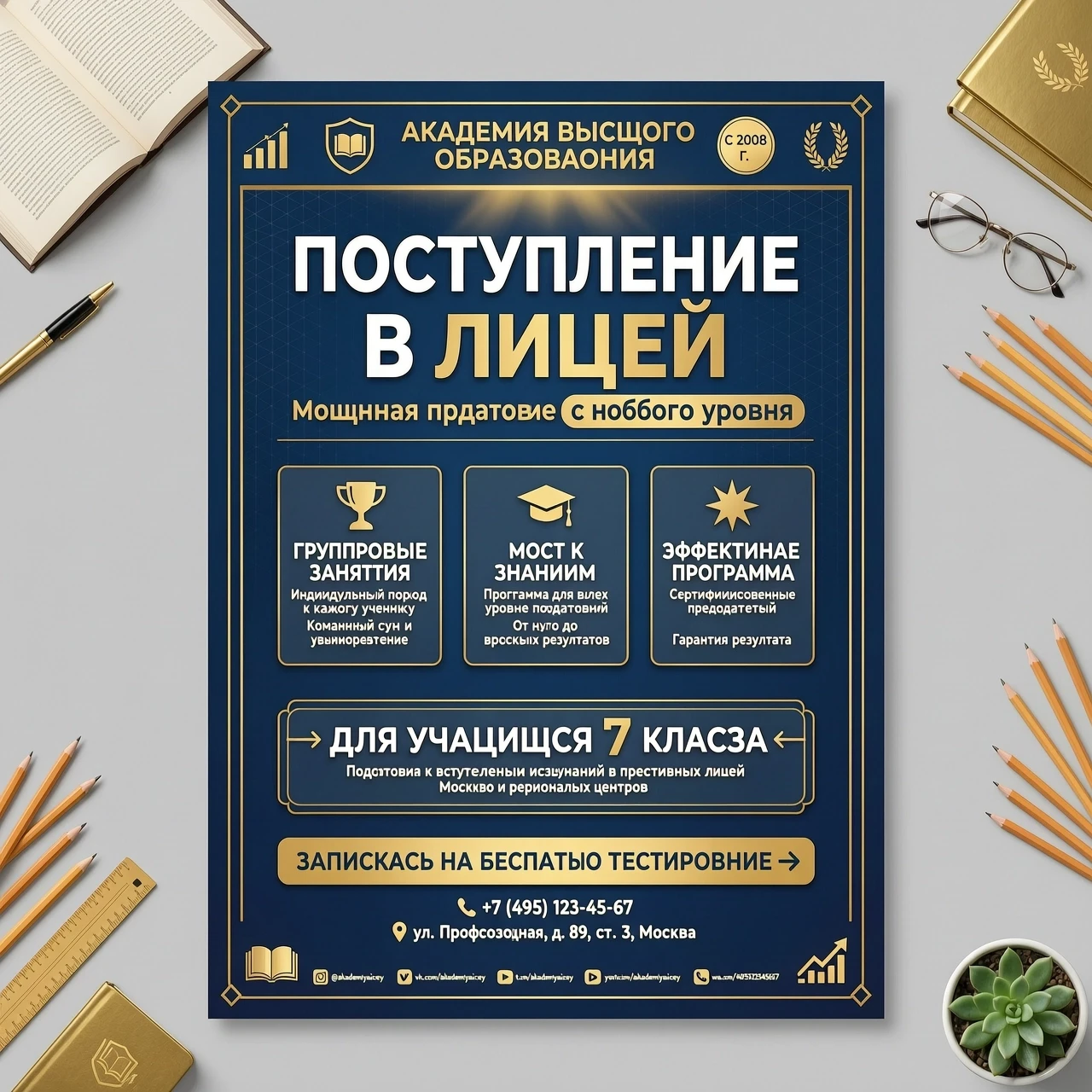сделай постер без орфографических ошибок: поступление в лицей, мощная подготовка, с любого уровня, занятия в группах, для поступления в 7 класс — работа пользователя Неземная…