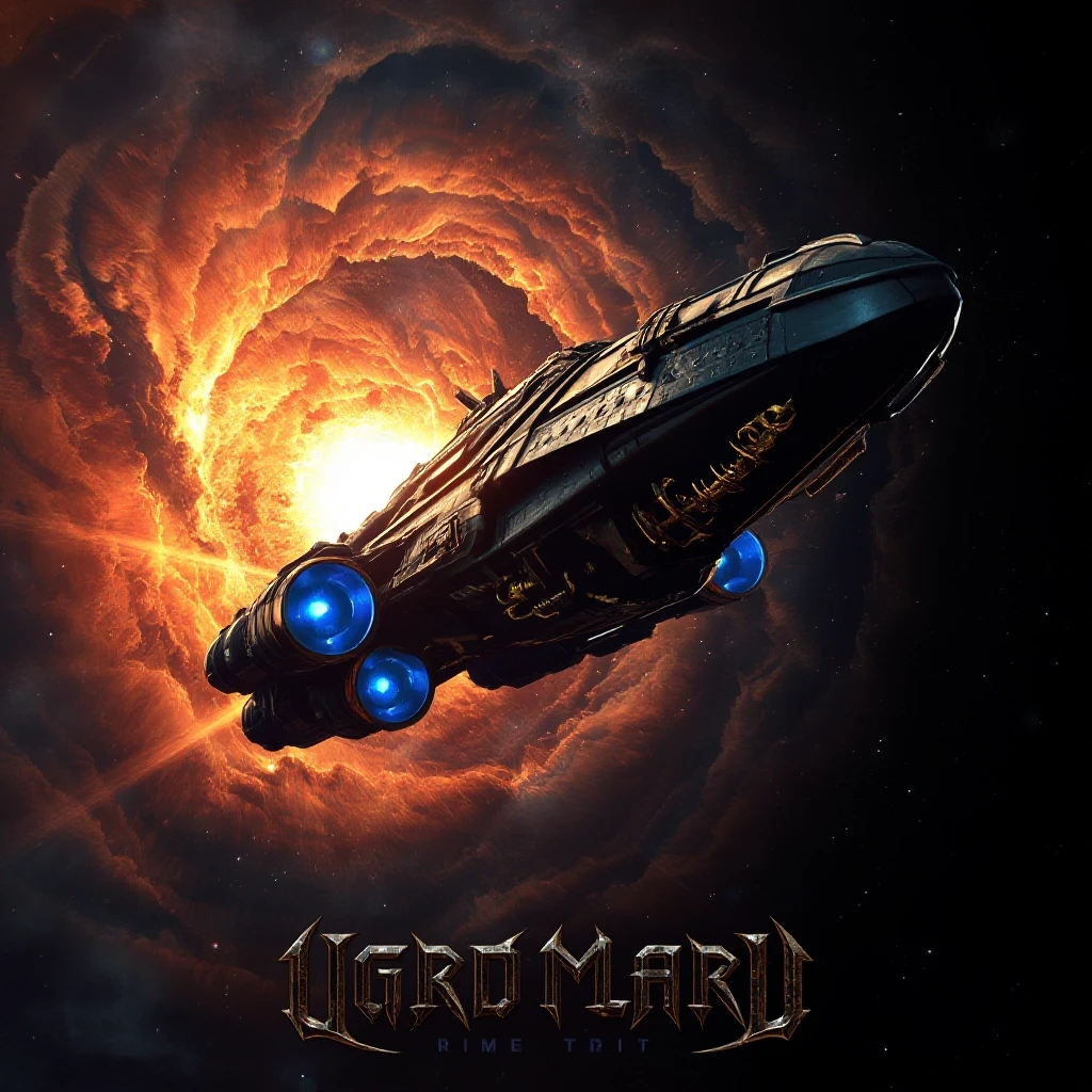 Epic album cover art for a power metal band, featuring no text. A massive ancient spaceship with glowing blue engines and golden gothic ornaments is flying directly into the…