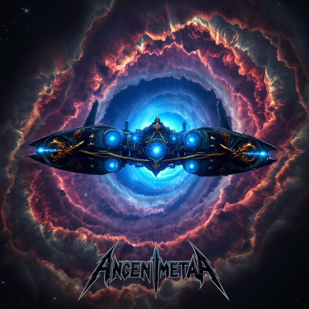 Epic album cover art for a power metal band, featuring no text. A massive ancient spaceship with glowing blue engines and golden gothic ornaments is flying directly into the…