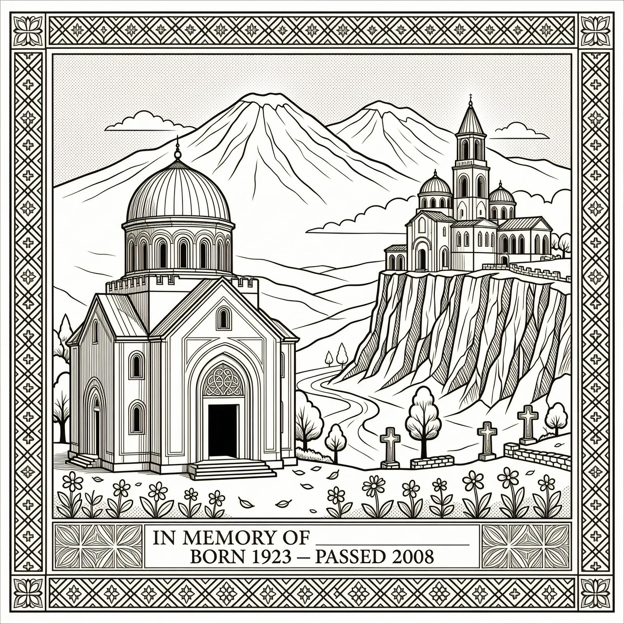 Engraving for a headstone, black and white line art, high contrast. The composition shows two Armenian churches: Saint Gayane Church on one side and Tatev Monastery on its…