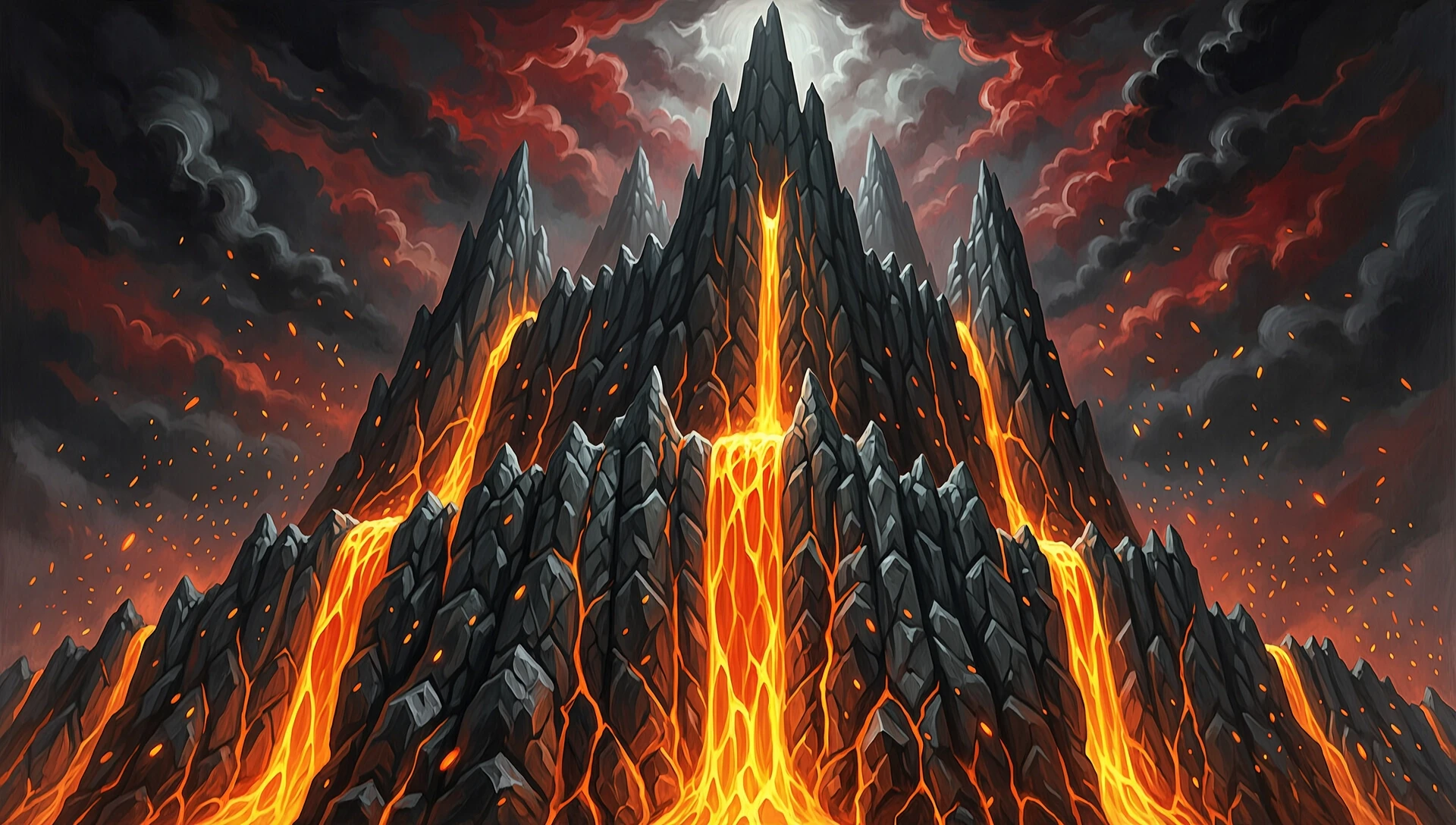 Dark fantasy oil painting artwork, widescreen 16:9 layout. A majestic and terrifying artistic illustration of Angband, the iron fortress of Morgoth. In the center, the three…