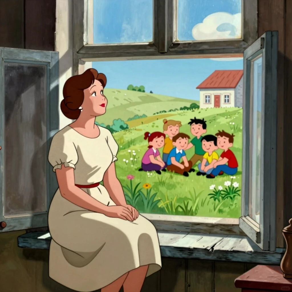 A warm summer day. A middle-aged woman in a simple homemade dress sits on the windowsill of an old house. Her face is dreamy. Outside the window, a cheerful group of teenagers…