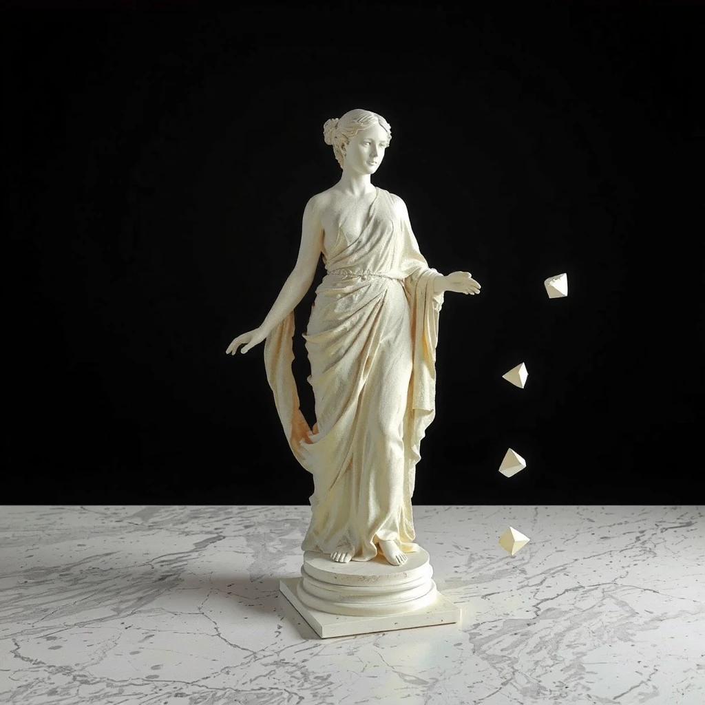 Silhouette of an ancient Greek goddess (classical statue, flowing robe) constructed from horizontal stacked 3D printing layers, FDM layer lines clearly visible, contour map…