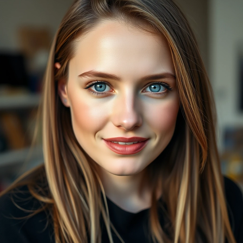 A hyper-realistic portrait of a young woman who is a hybrid of Alicia Vikander and the girl from the second photo. She has long, straight light-brown hair, soft soulful eyes,…