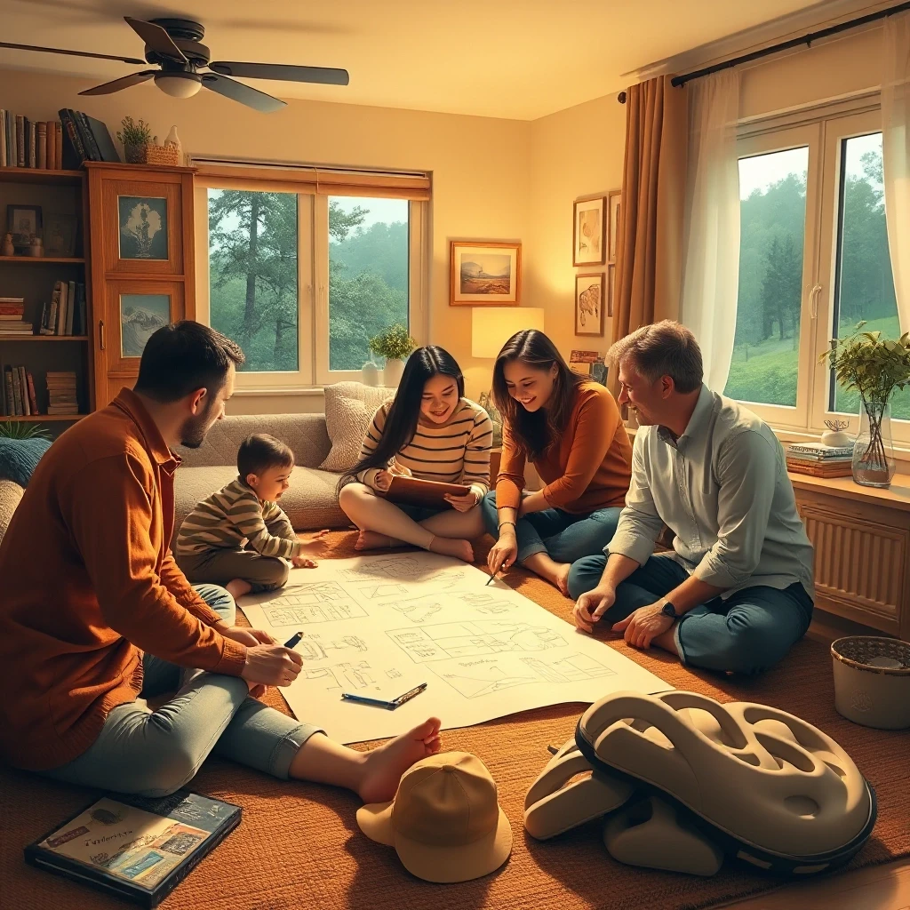 A family sitting on the floor in a cozy living room, gathered around a large sheet of paper. They are planning trips, dreams, and projects for the next five years — drawing,…