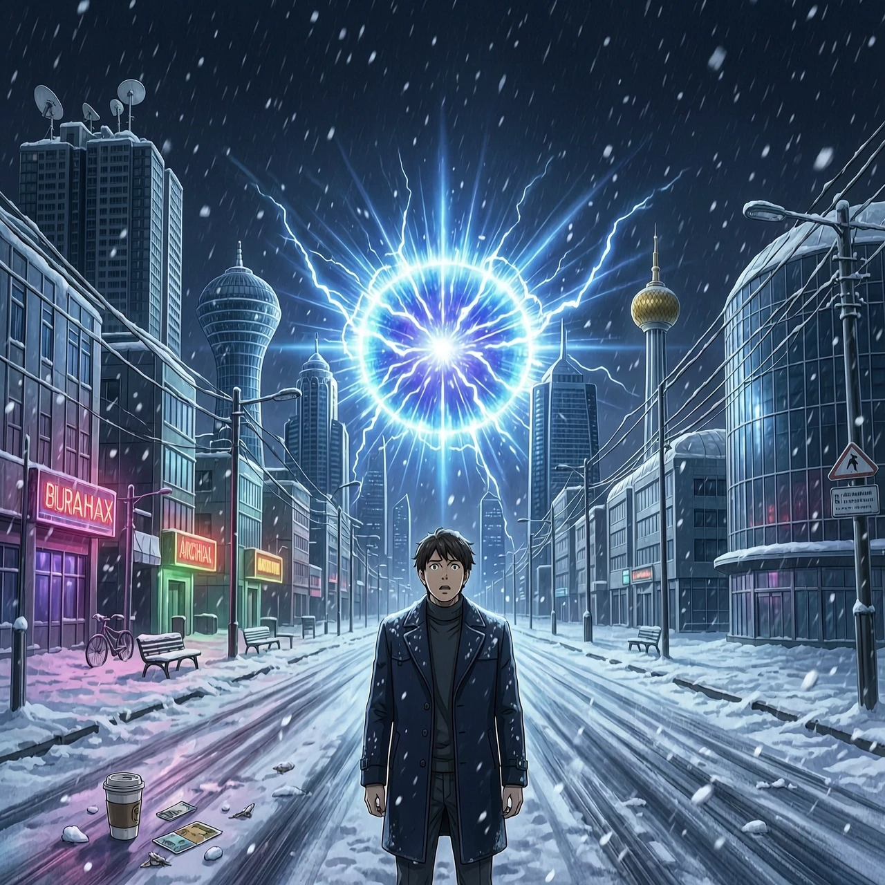 Vertical 9:16, cinematic realistic anime thriller. Nighttime futuristic Astana, Kazakhstan, covered in heavy snow. The camera rushes through a deserted city street at extreme…