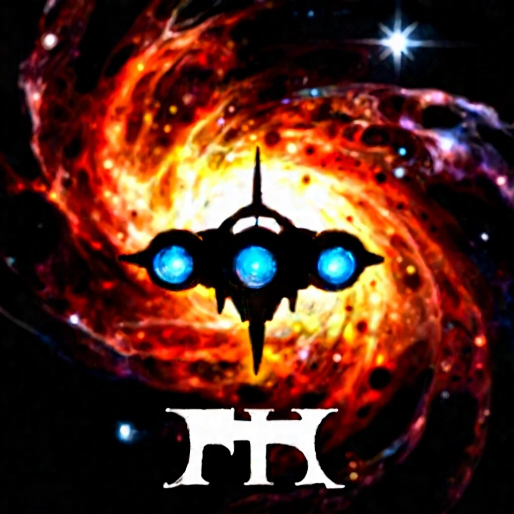 Epic album cover art for a power metal band, featuring no text. A massive ancient spaceship with glowing blue engines and golden gothic ornaments is flying directly into the…