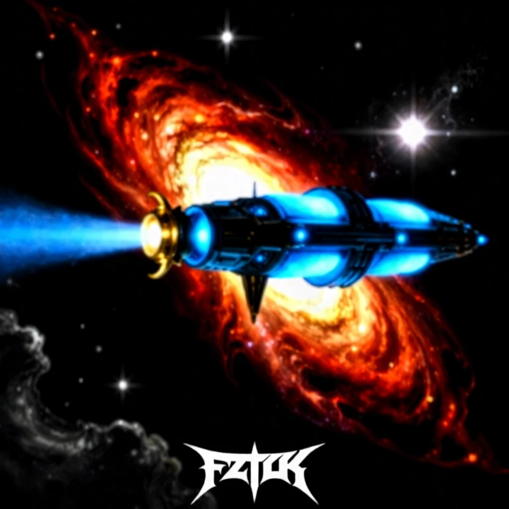 Epic album cover art for a power metal band, featuring no text. A massive ancient spaceship with glowing blue engines and golden gothic ornaments is flying directly into the…