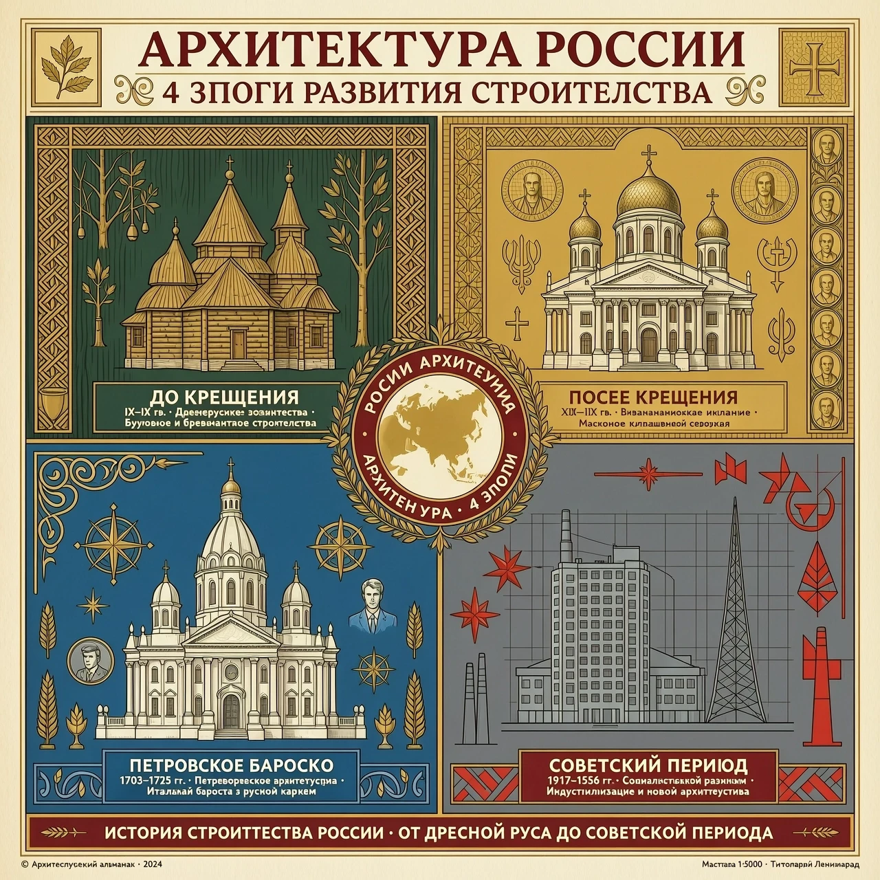 Плакат изображающий по углам 4 архитектурных стиля в истории развития строительства России: 1. До крещения 2. После крещения 3. Петровское барокко 4. Советский период и…