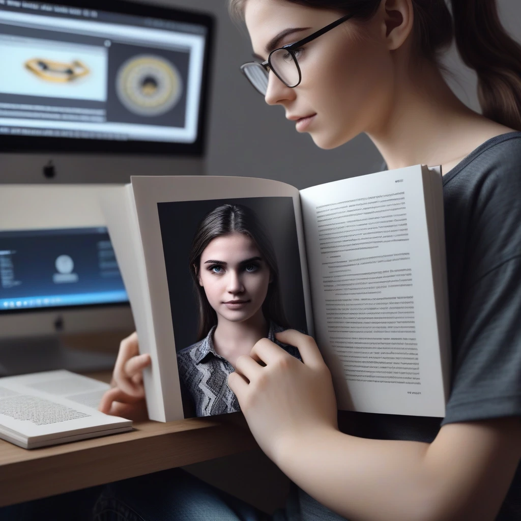 Photorealistic girl presenting a book titled “PYTHON” toward the camera, the book taking up a large part of the frame, title fully readable and centered. Modern IT workspace,…