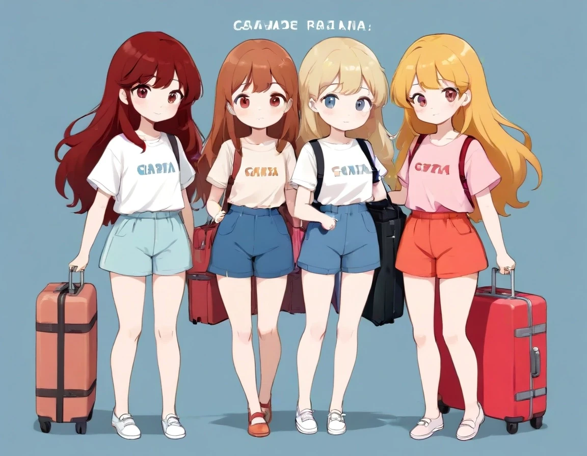 Четыре нарисованные мультяшные стильные модельные девушки как игрушки в летней одежде (две темноволосые, светлая и рыжая) с чемоданами собрались в путешествие, цвета розовые…