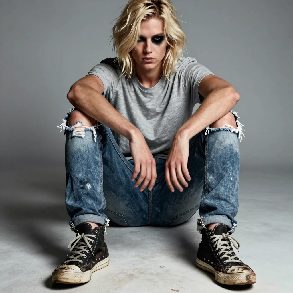 25 years old, blond. Black eye. Ripped jeans, ripped gray t-shirt. Scuffed, all scratched shoes. — работа пользователя Магнетическая Волна