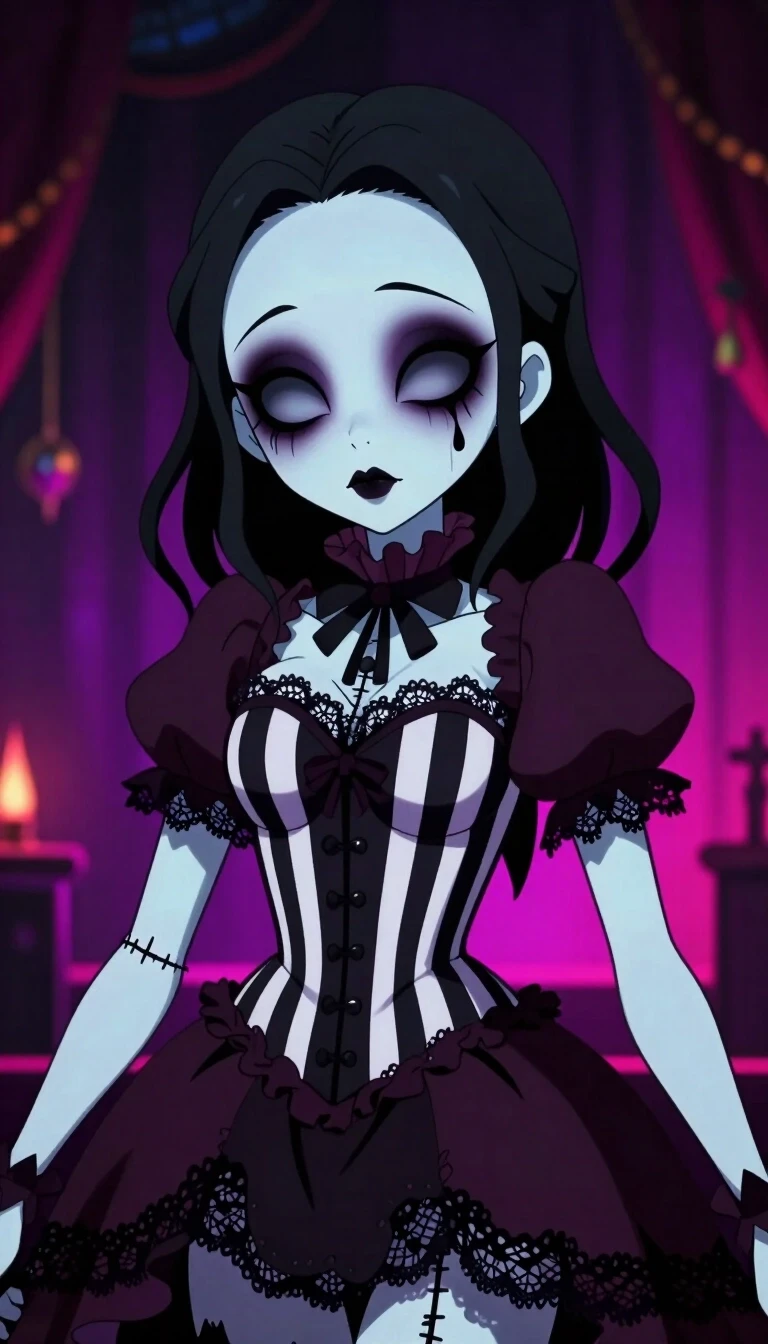 2D anime visual novel character art style, a creepy-cute goth puppet girl from "The Freak Circus", very pale porcelain skin, large expressive hollow eyes with dark…