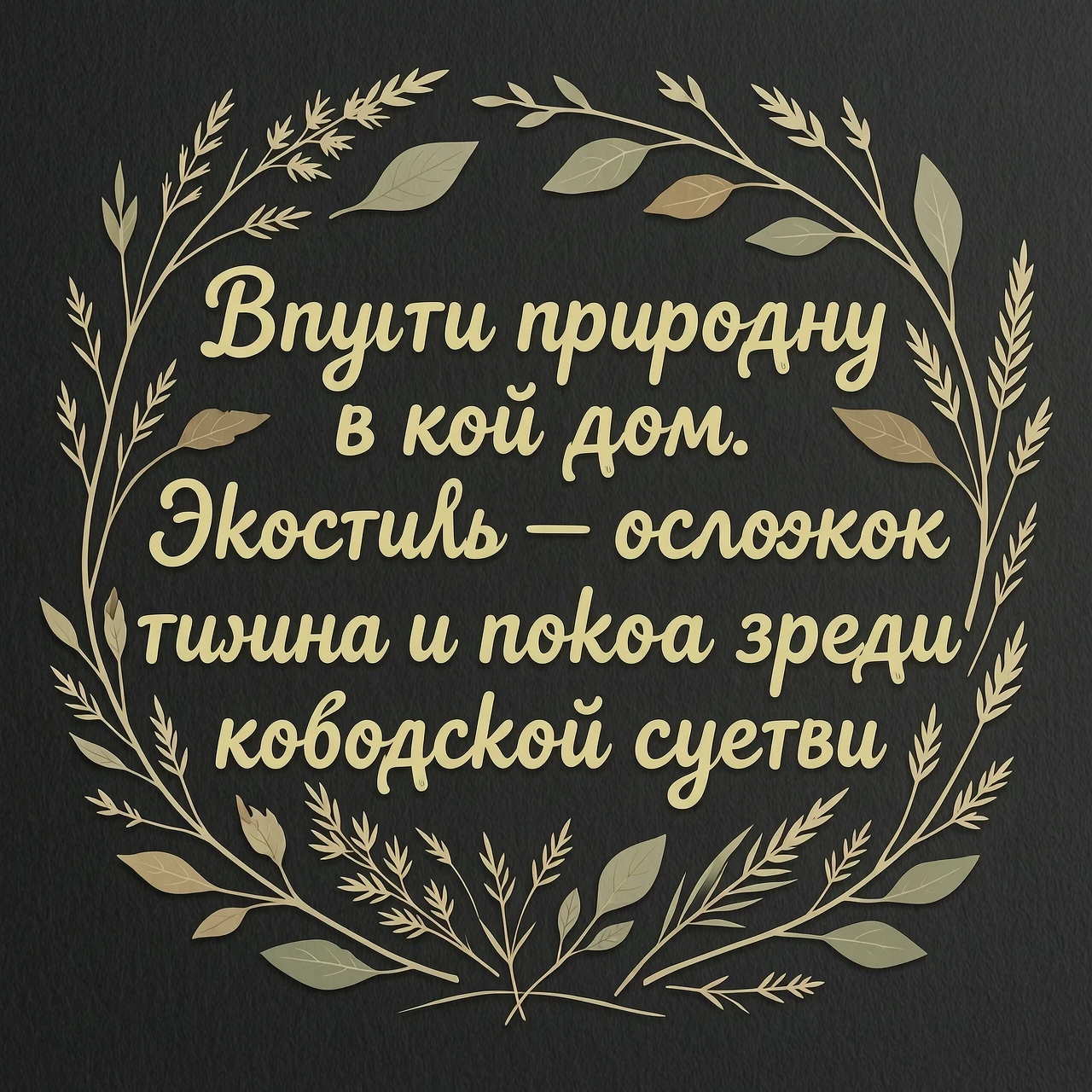 Чёрный фон, слегка текстурированный, будто бумага ручной работы. В центре — рукописный текст: „Впусти природу в свой дом. Экостиль — островок тишины и покоя среди городской…