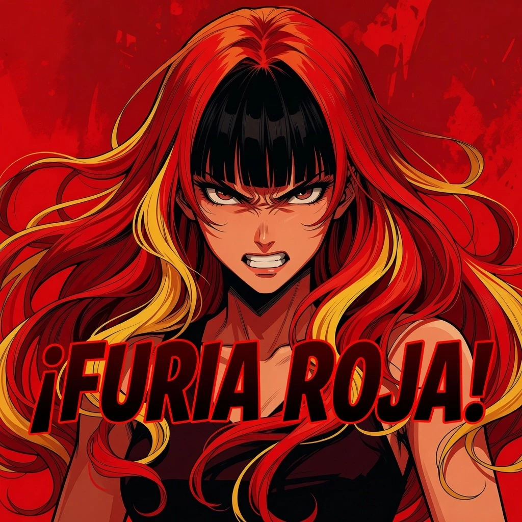 anime girl with long red hair and yellow hair with a red background, inspired by Lujo Bezeredi, ((red)), furia roja Spanish text, she has black hair with bangs — работа…