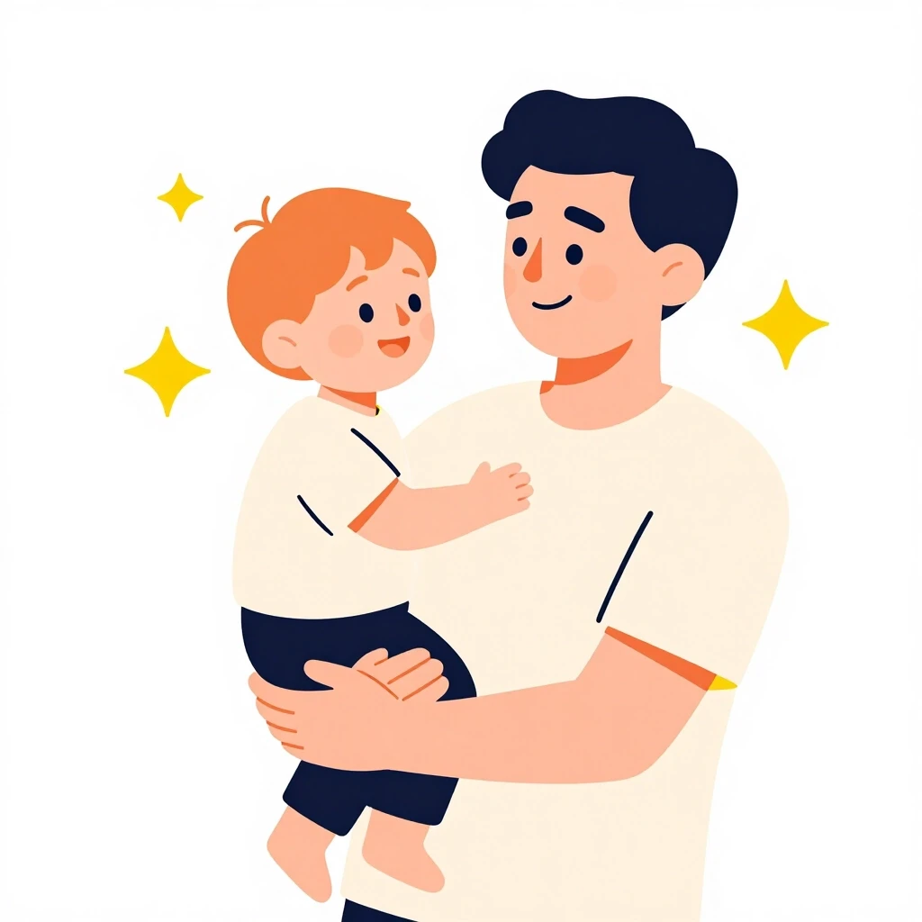 Modern flat vector illustration. A man with dark hair from the waist up, holding a small child in his arms. The child (toddler) has ginger hair and smiles happily looking at the…