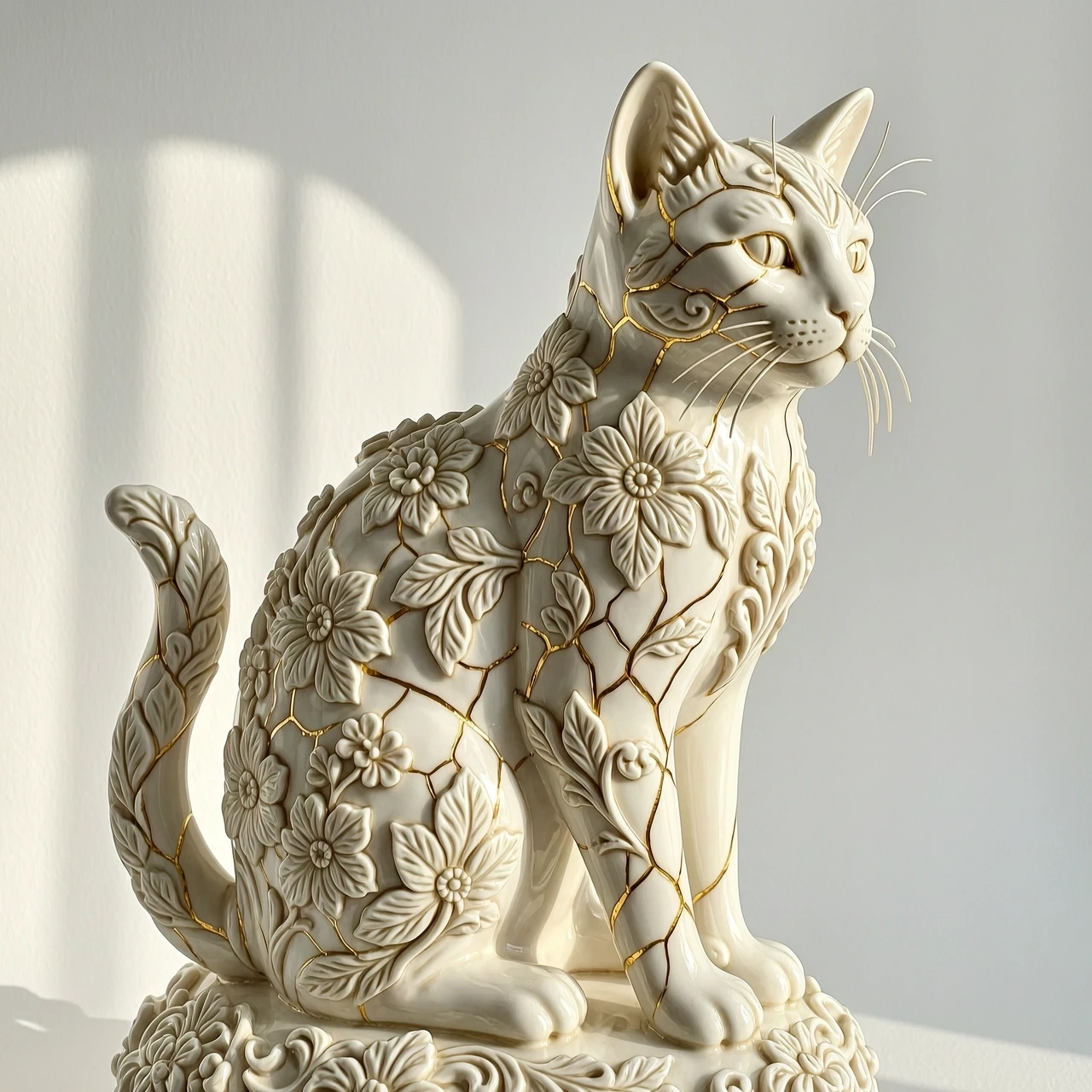 Digital image in Baroque and rocaille style with elements of kintsugi technique. Close-up. (Decorative sculpture made of white porcelain: 1.5). Golden cracks. Volume. The…