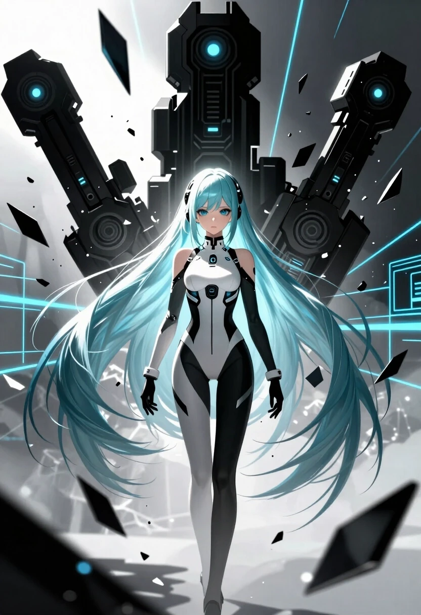 (lacia beatless:1.4), beatless, 1girl, solo, android, long straight hair, loose hair, hair down, long hair flowing, (ice blue hair, light silver-blue hair:1.2), blunt bangs,…