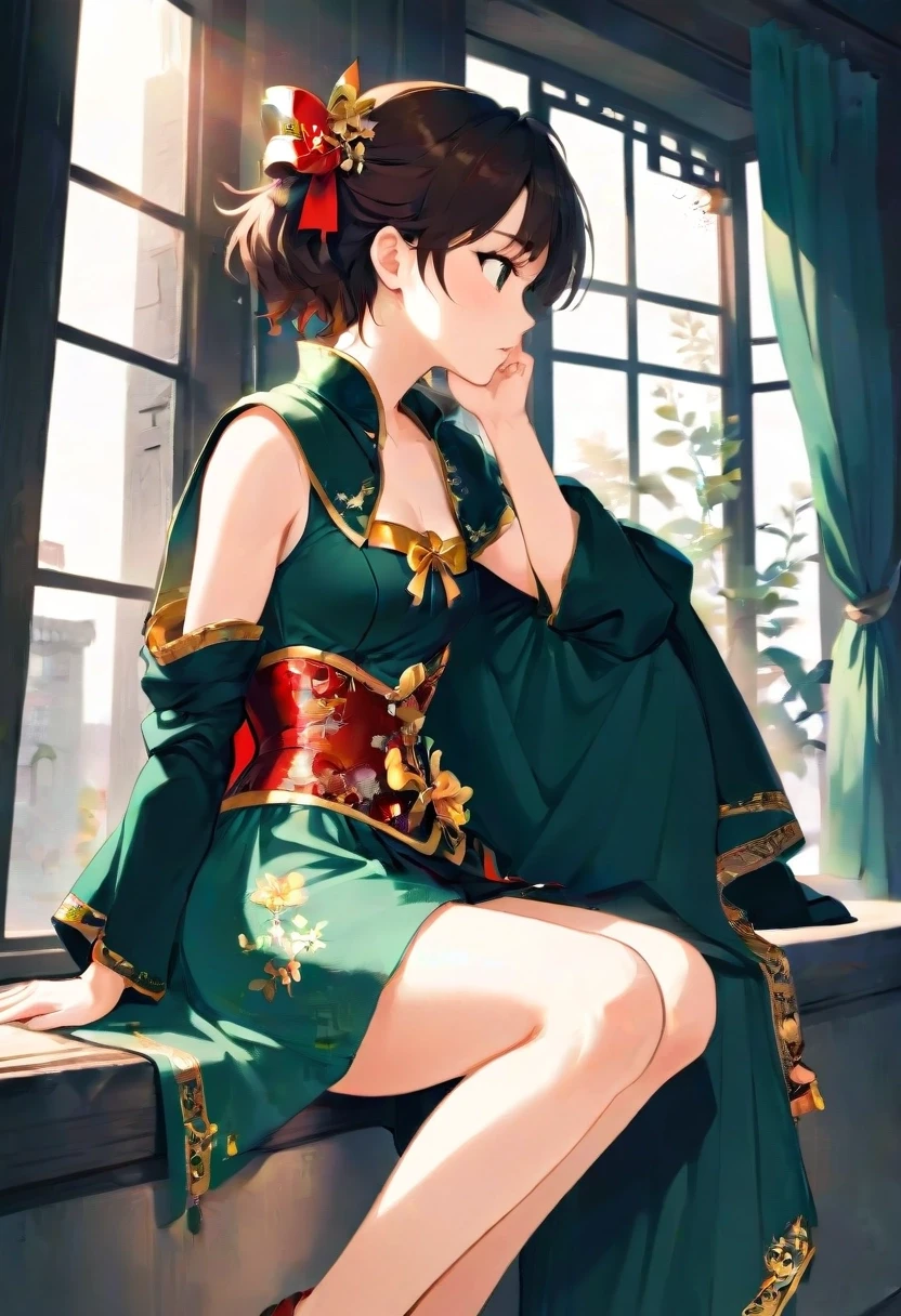 A young adult East Asian-looking woman with short brown hair and fair skin, seated elegantly on a windowsill in profile, body slightly turned, left hand resting on her left…