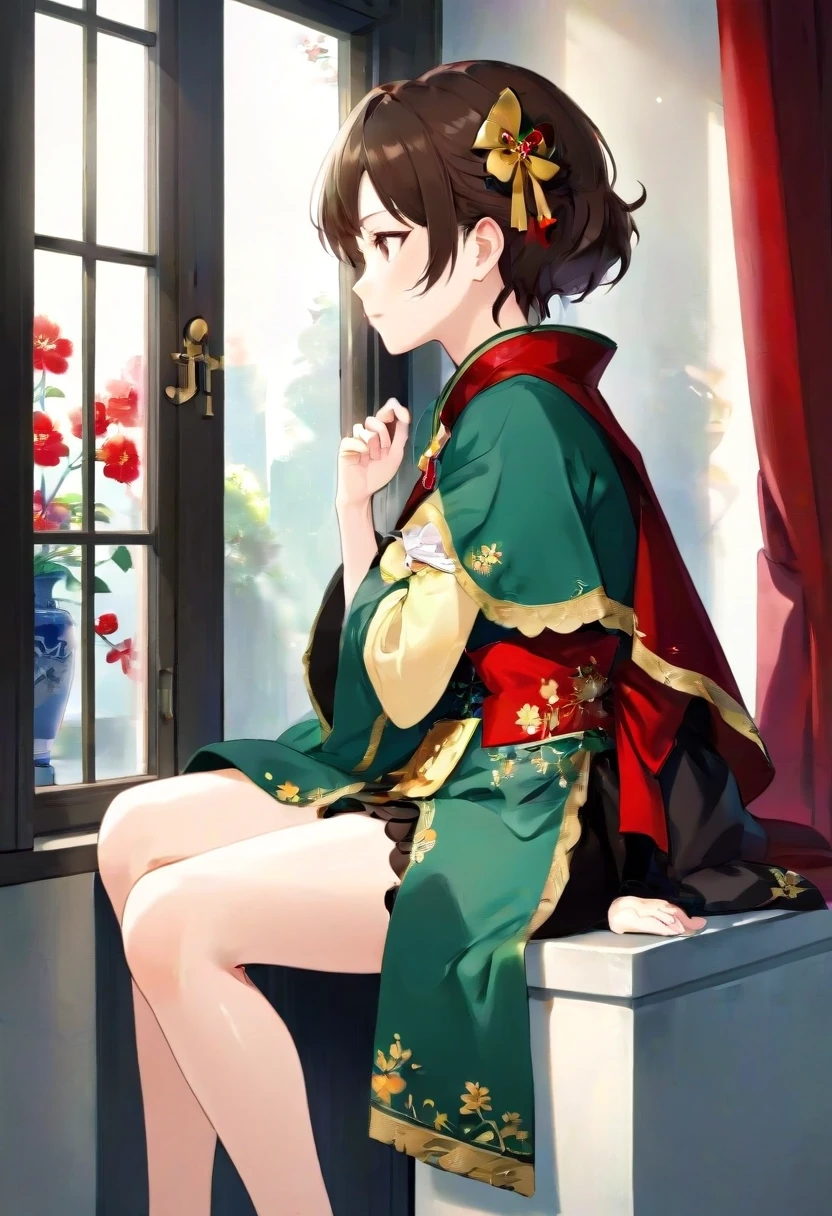 A young adult East Asian-looking woman with short brown hair and fair skin, seated elegantly on a windowsill in profile, body slightly turned, left hand resting on her left…
