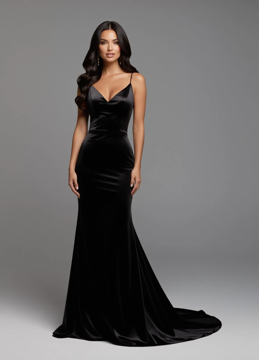 A woman with a slender figure, wearing a floor-length black satin evening gown, her long wavy black hair cascading down her back, her brown eyes sparkling with elegance, her…
