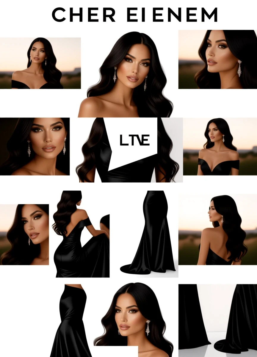 A woman with a slender figure, wearing a floor-length black satin evening gown, her long wavy black hair cascading down her back, her brown eyes sparkling with elegance, her…