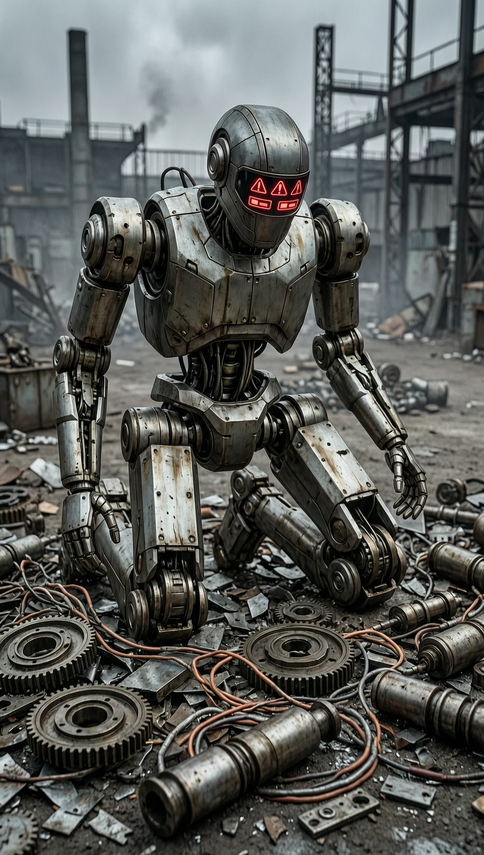 A realistic cinematic shot of a damaged heavy industrial robot experiencing a complete mechanical collapse of its lower extremity locomotion system. The robot is kneeling on…