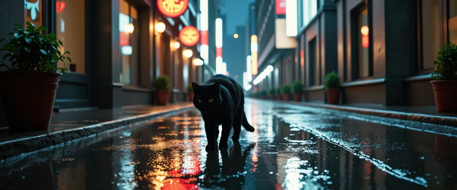 Vertical 9:16 cinematic video, black cat walking through rainy city courtyards at night, heavy rain, wet shiny fur, puddles reflecting neon signs, low angle camera follows the…