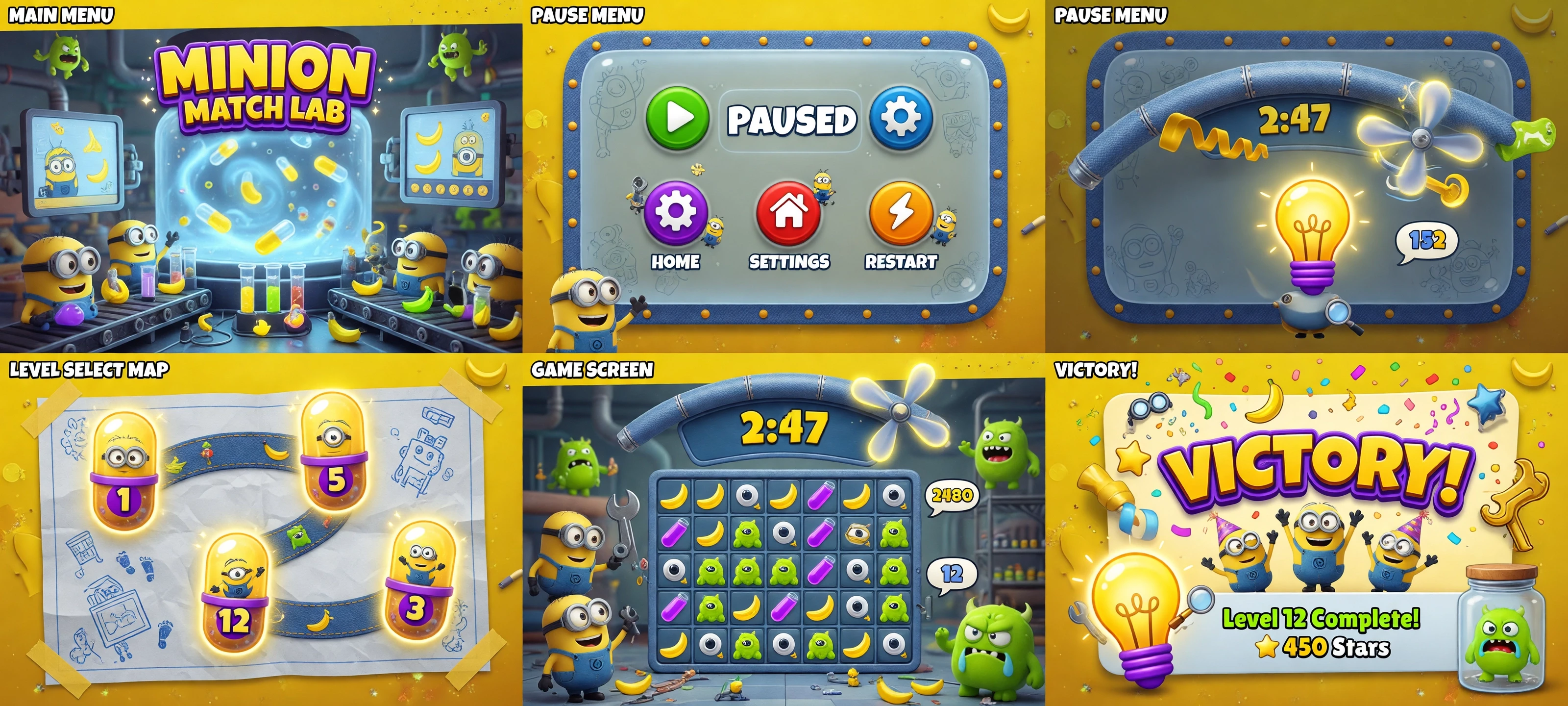 A complete set of user interface for a three-in-a-row mobile game inspired by the aesthetics of minions: bright, playful and chaotic. The design features rounded, sparkling…