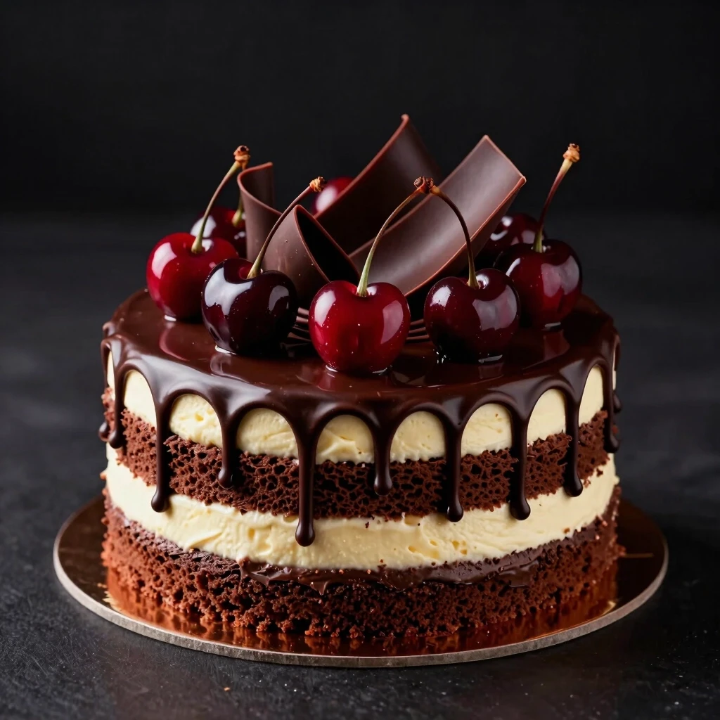 Create a square, photorealistic premium food photograph of a luxurious “Chocolate Cherry” cake on a sophisticated deep black background. The cake is the main and only focal…