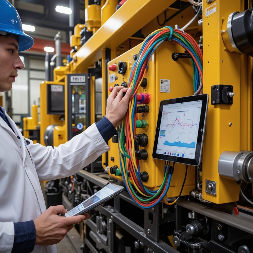 "Close-up, dynamic scene of the final systems integration phase for a drilling rig. An automation engineer (wearing a lab coat or smart uniform) is connecting a thick,…