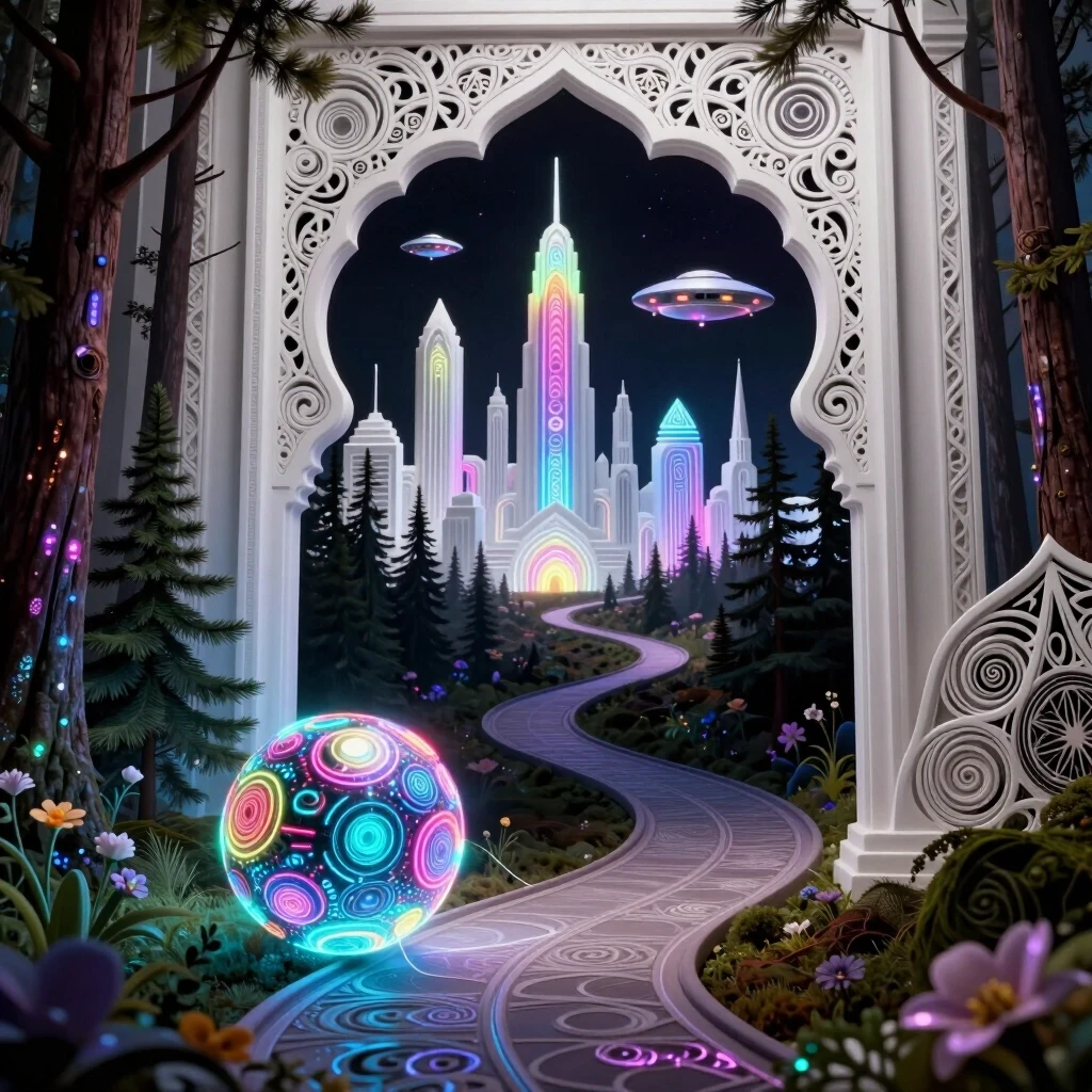 Background: a winding path leading from the forest to a white city. In the middle and far distance, a street in a futuristic ornamental white city with a (thrilling triphobic)…