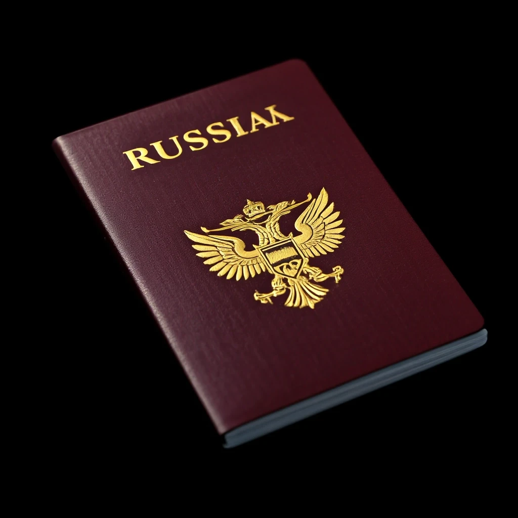 Российский загранпаспорт на абсолютно черном фоне, темно-бордовая обложка с золотым двуглавым орлом, тиснение, студийное освещение, блики, макросъемка, высокое разрешение,…