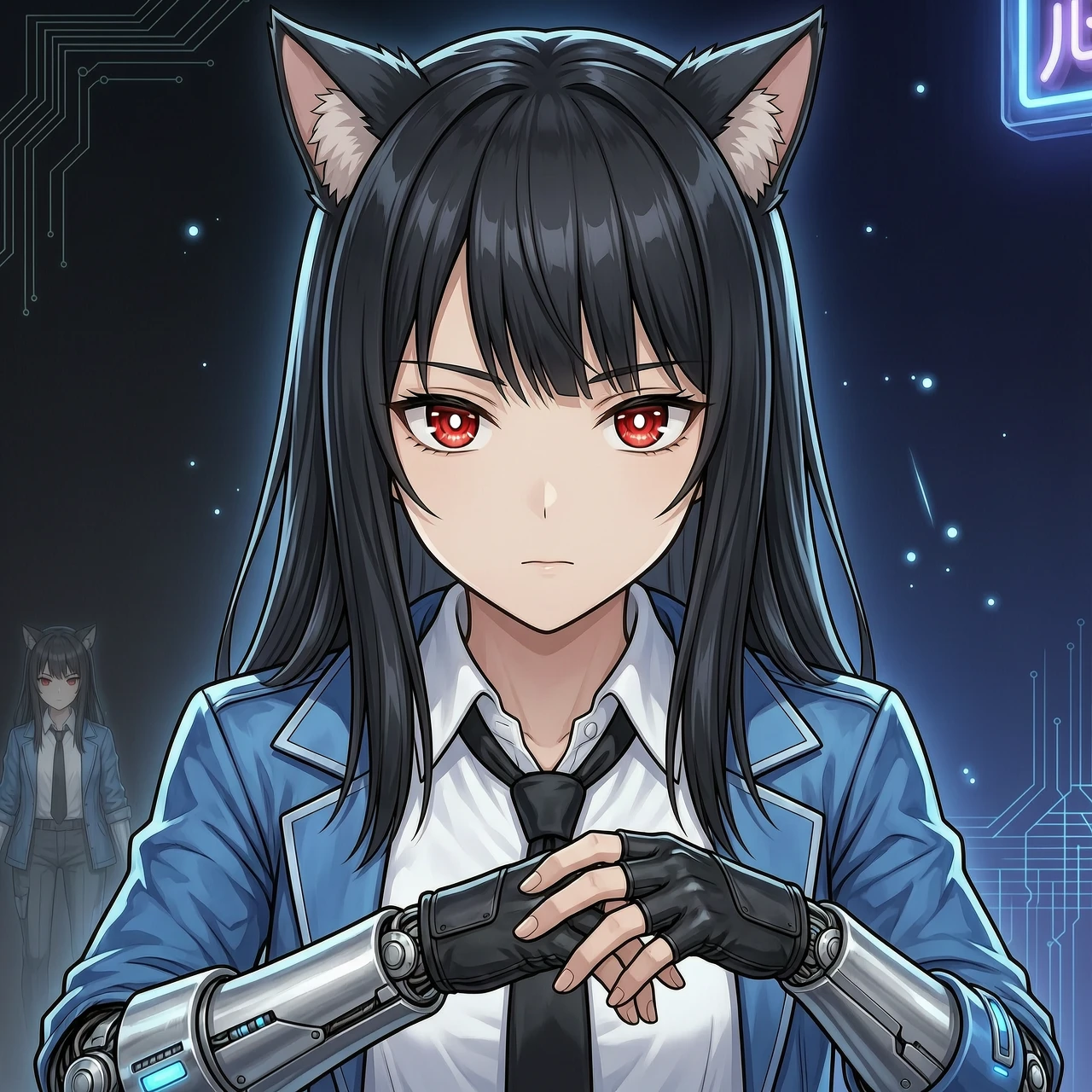 Hoshimi Miyabi, zenless zone zero, 1girl, animal ear fluff, animal ears, long hair black hair, red eyes, no expression face, fingerless gloves, black necktie, black gloves,…