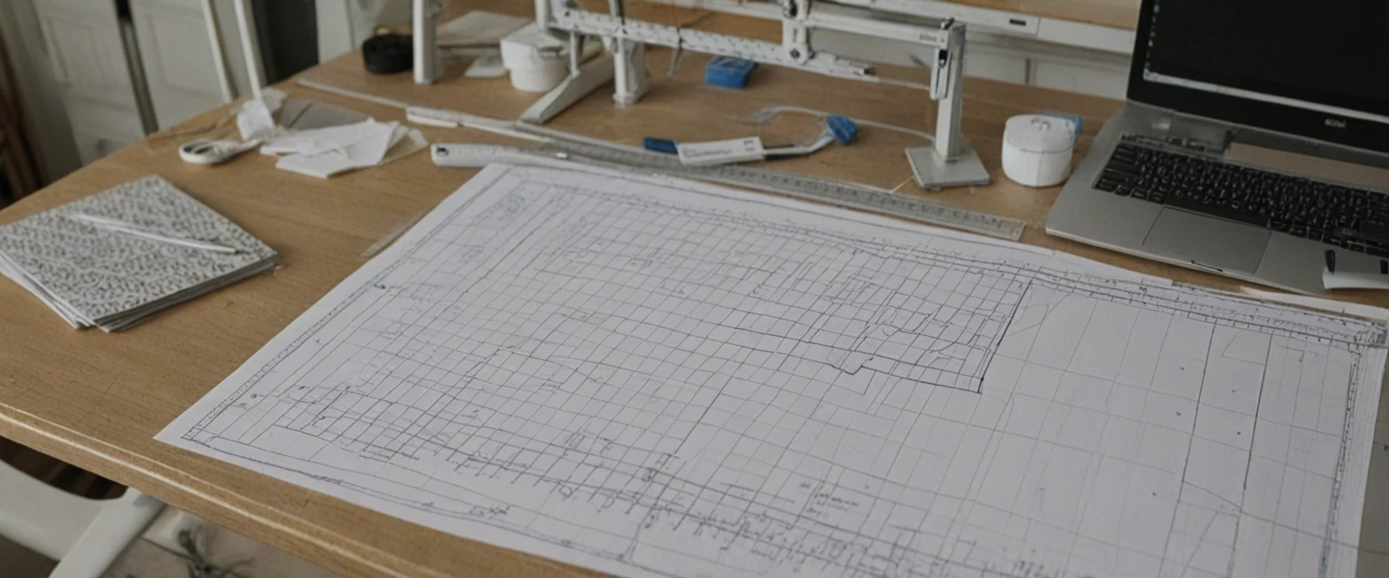 Photorealistic, frontal view of a clothing pattern design bureau. Foreground: a matte white desk with neatly arranged paper sewing patterns, transparent plastic drafting rulers…