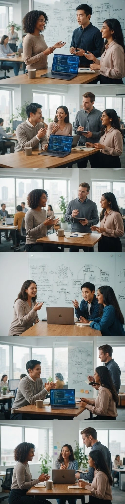 Photorealistic commercial stock photo of a diverse multicultural team of young professionals collaborating on an artificial intelligence project in a modern office, discussing…