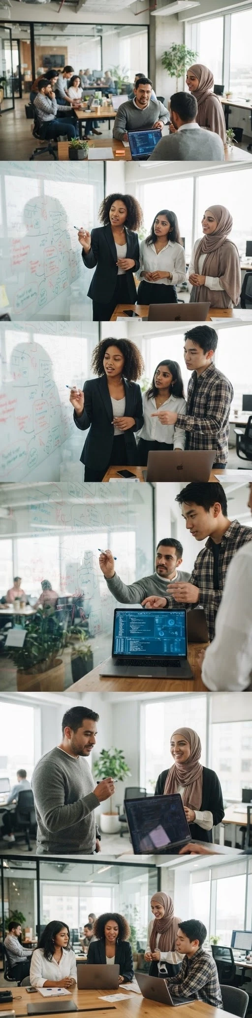 Photorealistic commercial stock photo of a diverse multicultural team of young professionals collaborating on an artificial intelligence project in a modern office, discussing…