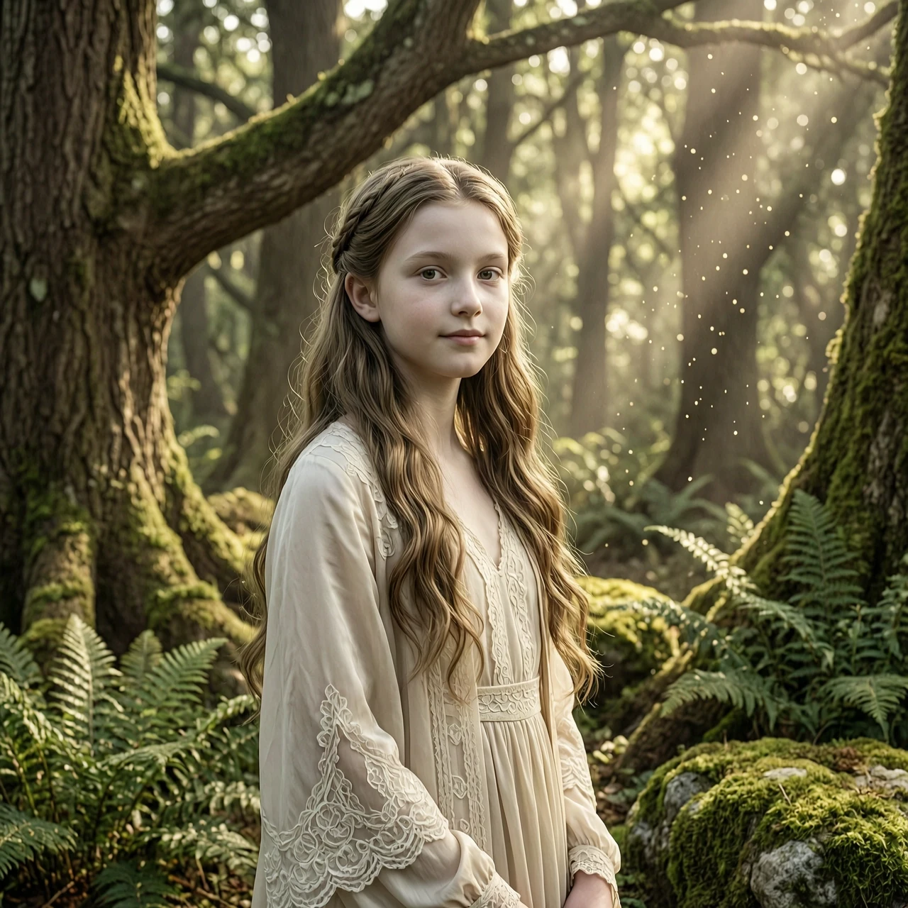 Cinematic hyper-realistic portrait of Renesmee Ar Anunar, a 15-year-old girl, captured in a breathtaking fine-art photography style. She possesses a delicate, ethereal beauty…