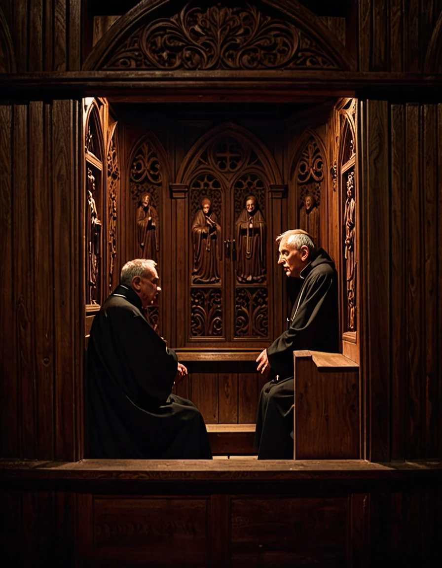 A dimly lit old church in the middle of the night. Inside a wooden confessional, two men sit separated by an intricately carved wooden screen. On one side, an elderly priest…