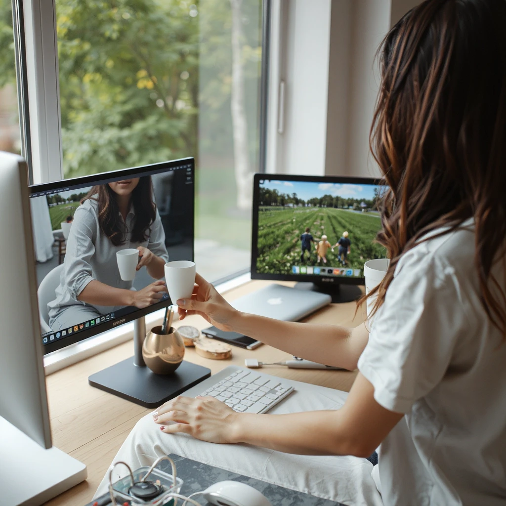 Woman playing computer game. Dark long hair, white jeans, white t-shirt. Nature — работа пользователя Могущественный Танец