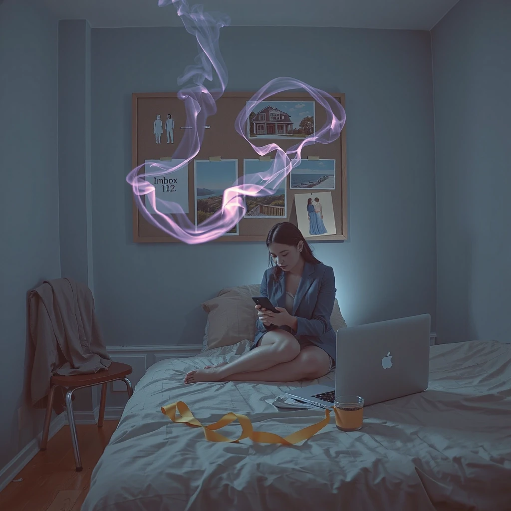 A bright but soft early morning scene in a room filled with cool gray-blue light, avoiding dark or heavy shadows. In the center, a well-groomed young woman is sitting passively…