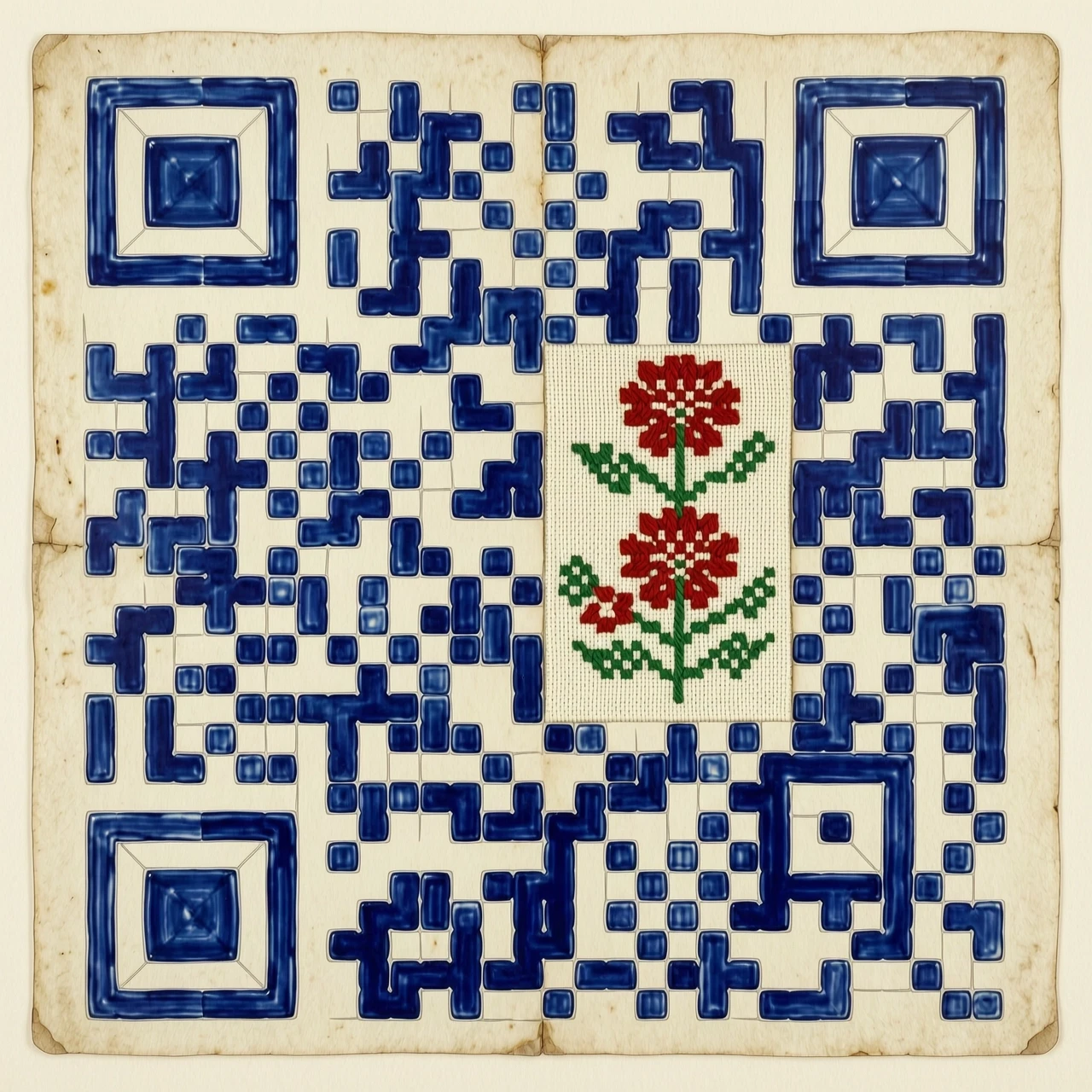 Коллаж из QR-кода, стилизованного под гжельскую роспись, и фрагмента уральской вышивки — работа пользователя Экстравагантный Глюон