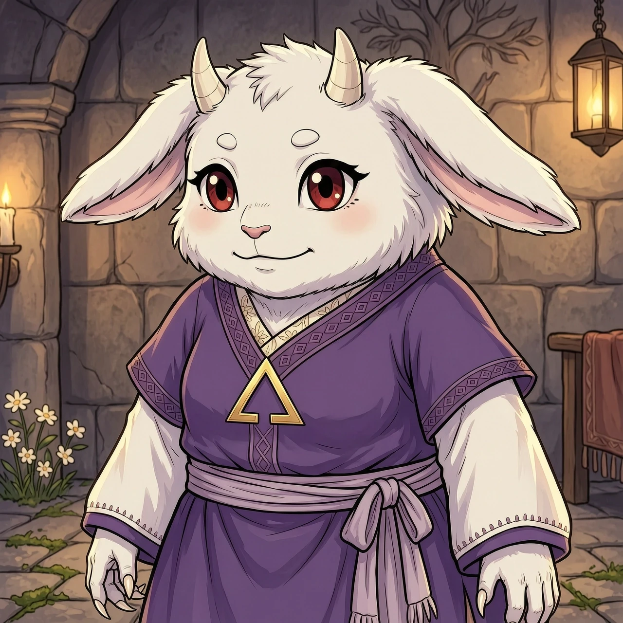 toriel (undertale), anthro, white fur, floppy ears, small horns, dark red eyes, long eyelashes, clawed hands, purple robe, white sleeves, delta rune emblem on chest, mature…